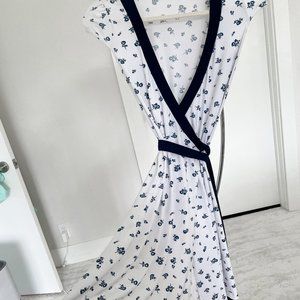 Forever 21 Wrap Dress | White with navy floral print, cap sleeves, knee length
